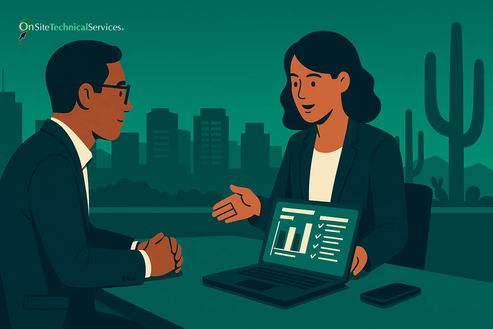 Two businesspeople reviewing a technology plan on a laptop