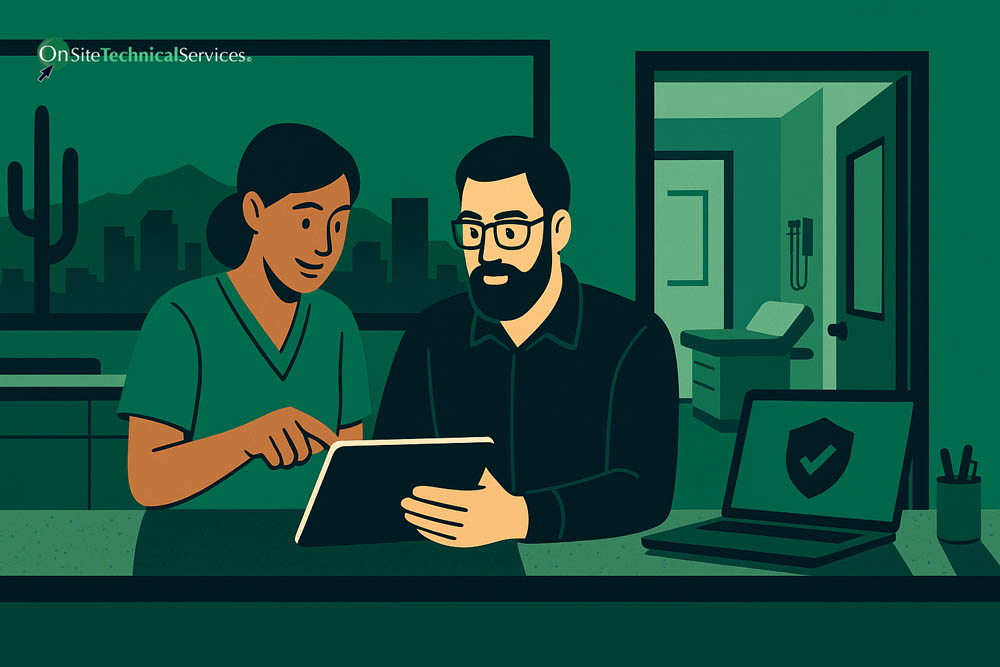 Clinician and IT specialist reviewing a tablet in a medical office