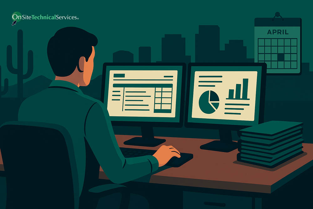 Accountant working at dual monitors beside an April calendar