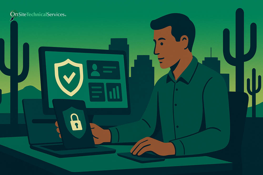 IT professional reviewing a security dashboard with shield and lock