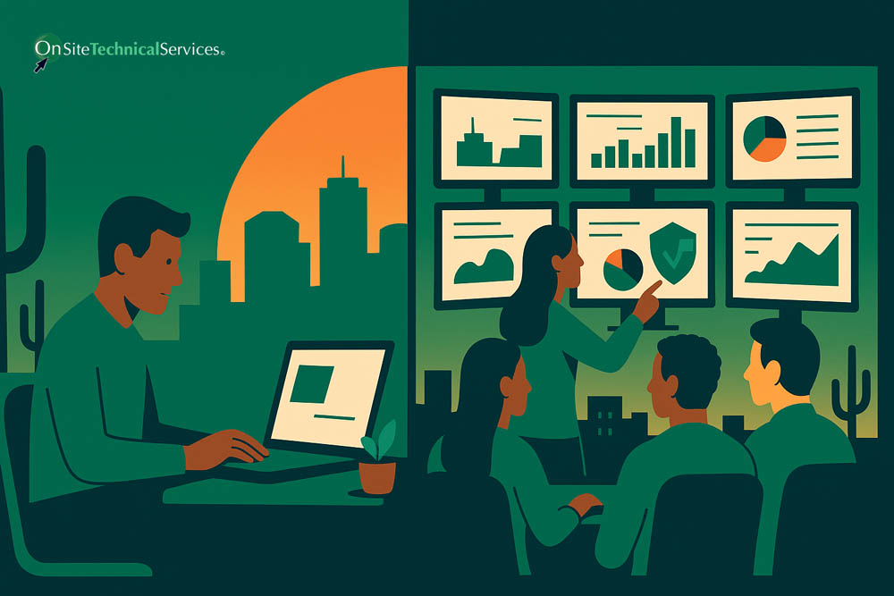 Split scene of a solo IT worker and a managed IT team