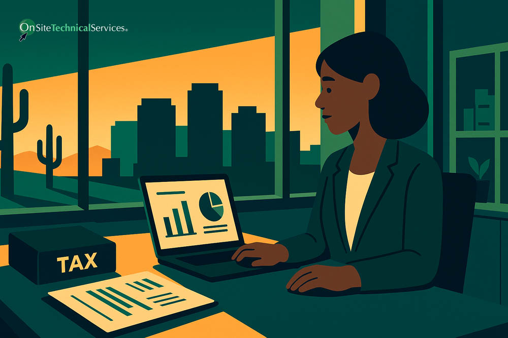 CPA reviewing managed IT cost charts in a Phoenix office