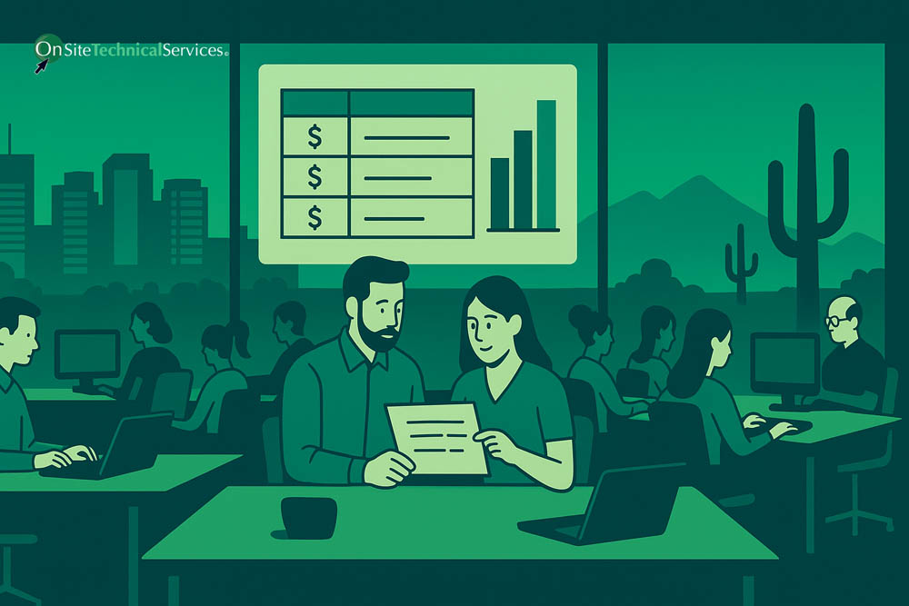 Coworkers reviewing document with dollar sign chart