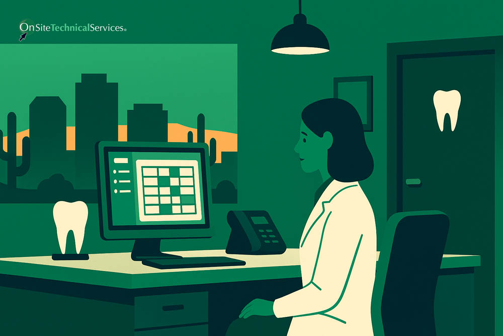 Dentist at desk with computer in dental office