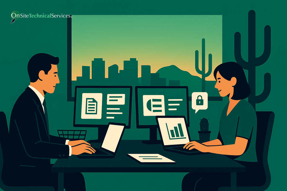Two people reviewing financial charts on computer screens