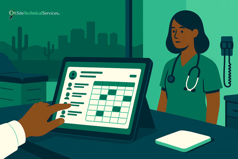 Healthcare worker views patient data on tablet