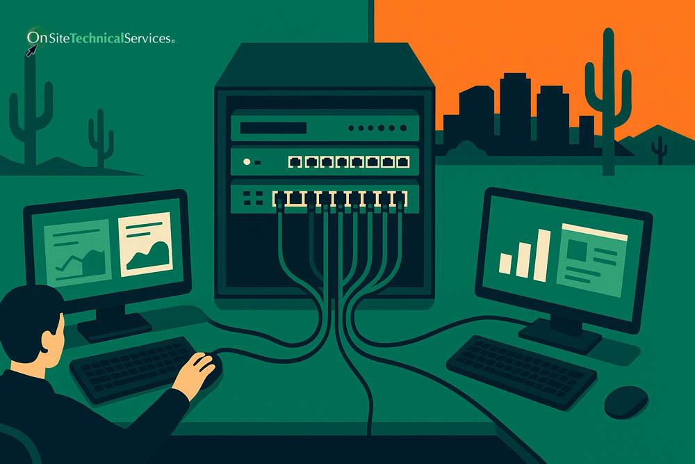 Network server connecting two workstations with cables