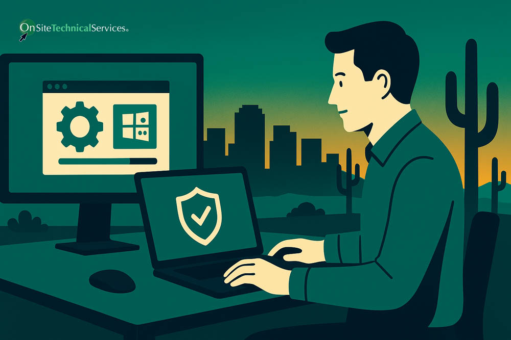 Man updating Windows on computer with shield icon