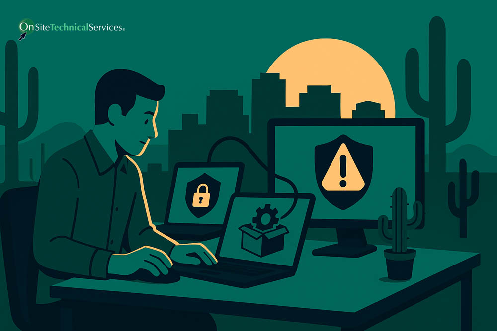 Developer working with laptops and warning security shield