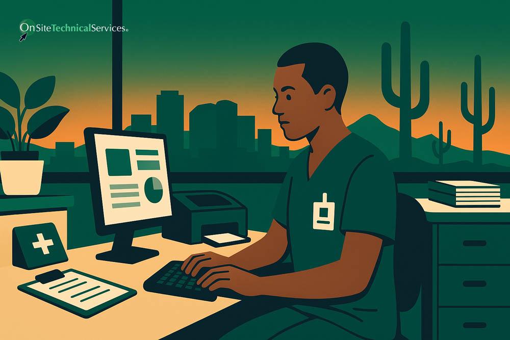 Medical worker at computer with Phoenix skyline and cacti